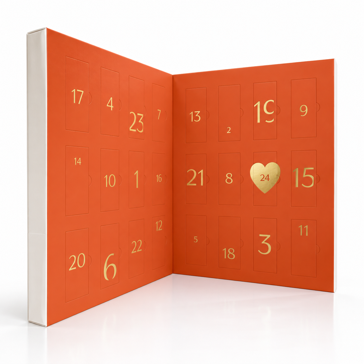 arcaya Ampullen-Adventskalender 2026 in Orange, aufgeklappt mit 24 Türchen