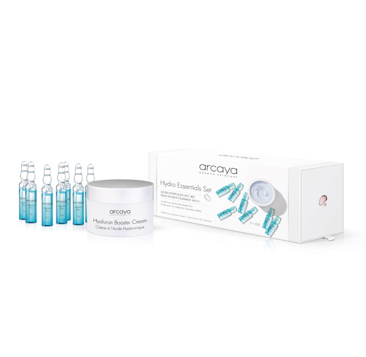arcaya Hydro Essentials Set mit Hyaluron Booster Cream 100 ml und 7 Hyaluron Plus Ampullen
