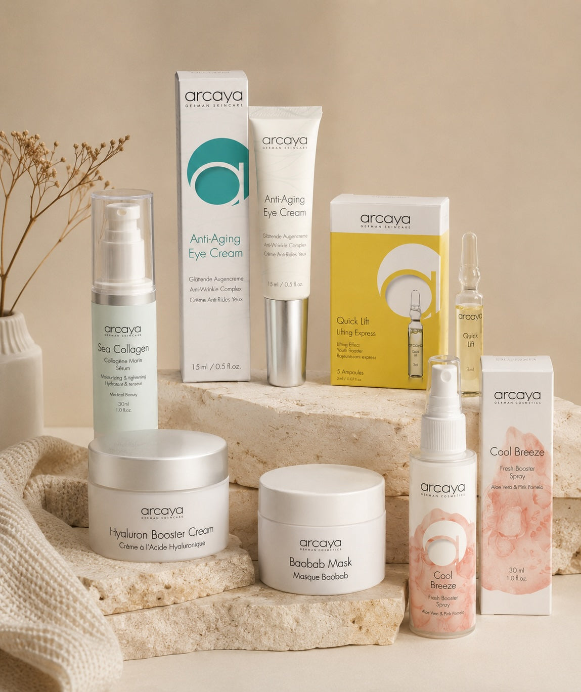 arcaya Pflegeprodukte mit Sea Collagen Serum, Anti-Aging Eye Cream, Hyaluron Booster Cream, Baobab Mask und Cool Breeze