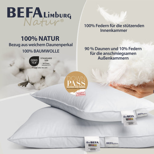 Bild 1 in Galerieansicht laden. 3-Kammer Daunen Kopfkissen (2 Stück Set) - Seitenansicht | BEFA Limburg